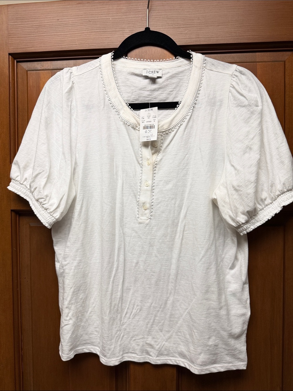 NWT J. Crew White Puff Sleeve Henley with Trimmed Scoop Neck